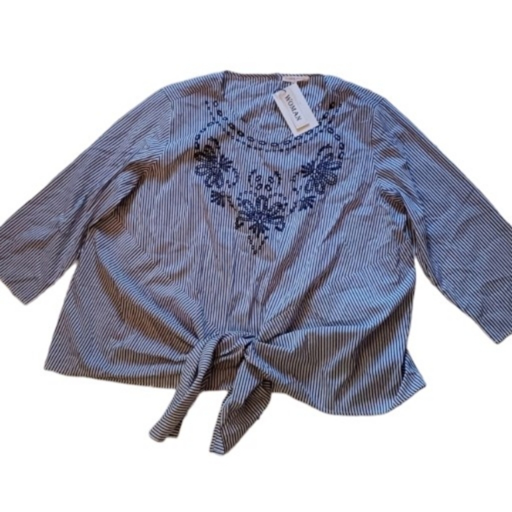 Grand & Greene Womens Blouse Size 2X Shirt Bow Tie Front Stripe Flower New